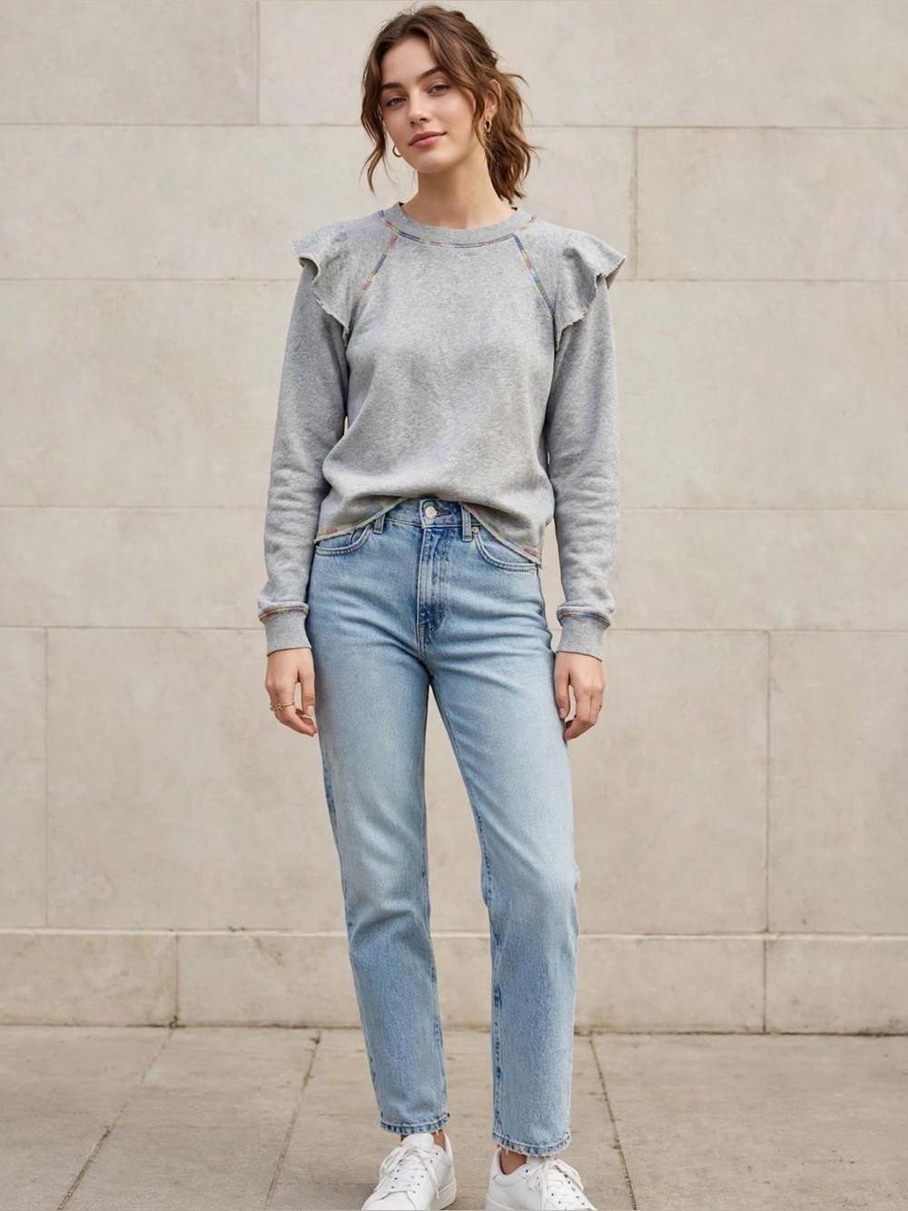 Something Navy Meghan Ruffle Shoulder Sweatshirt - XS/S - Gray w/ Rainbow - NWT